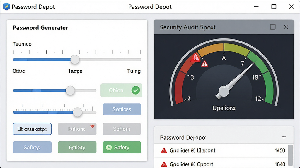 Password Depot 密码生成器与安全审计界面图,主体是软件界面左侧显示密码生成器滑块与选项按钮,右侧显示安全审计评分仪表盘与问题密码列表,界面顶部有