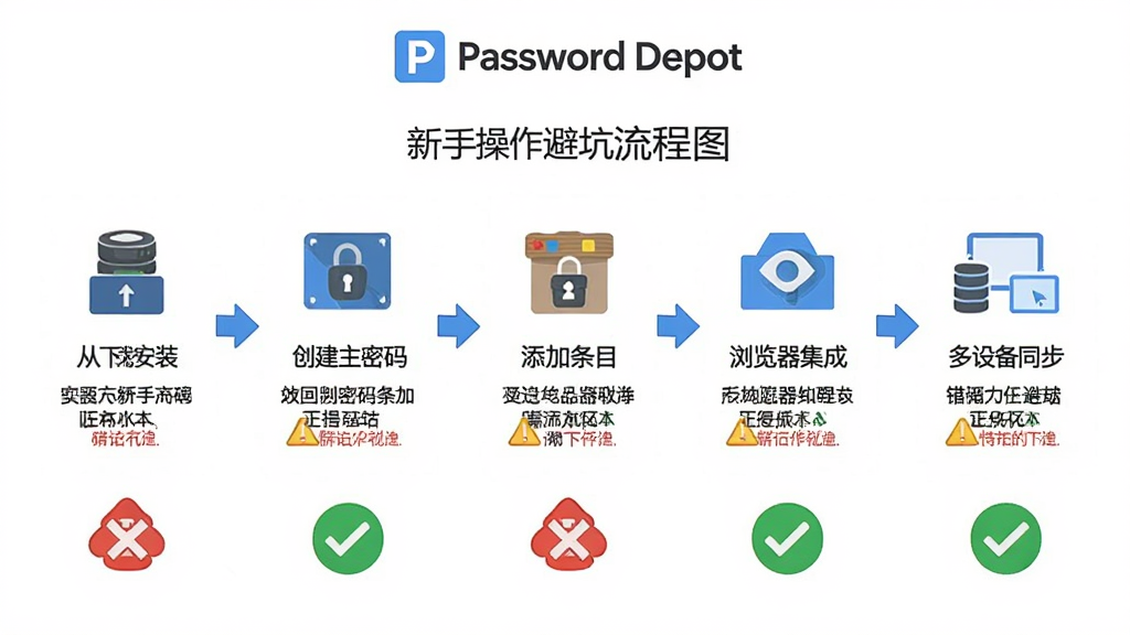 Password Depot 新手操作避坑流程图,主体是分步骤的流程图,从下载安装到创建主密码、添加条目、浏览器集成、多设备同步五个步骤,每个步骤配有图标和简短文字说明,错误操作处标注红色叉号与警告标志,正确操作处标注绿色对勾,布局为横向流程图,风格为扁平化信息图,细节包括步骤箭头、图标细节、