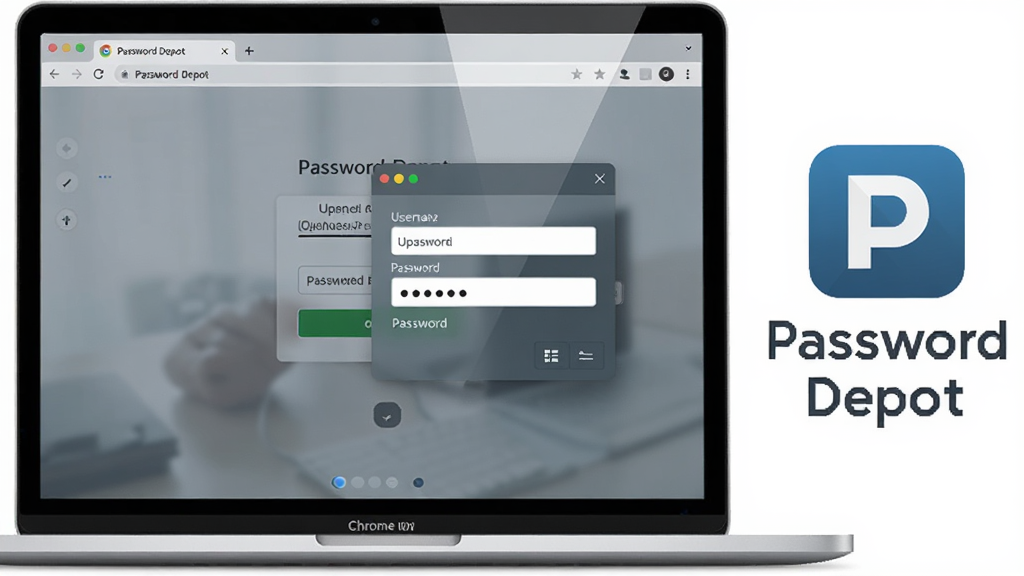 Password Depot 浏览器自动填充功能场景图,主体是一台笔记本电脑屏幕显示 Chrome 浏览器登录页面,Password Depot 的悬浮窗口正自动填入用户名和密码,屏幕右侧展示软件图标与