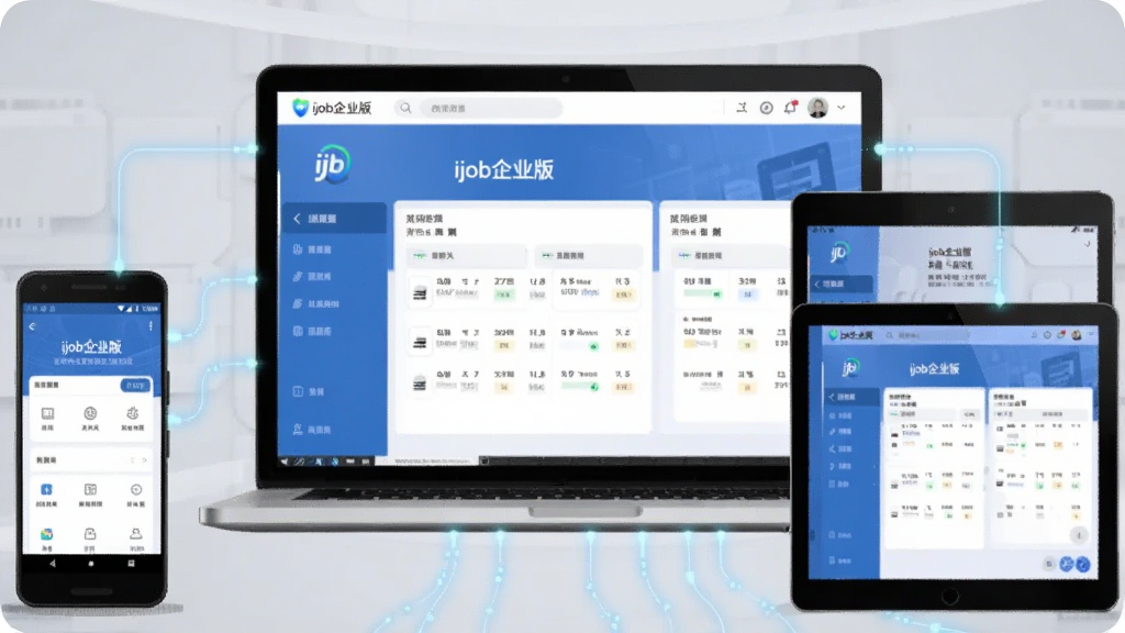 一幅展示多设备协同办公的合成图,画面左侧是一部安卓手机,中间是一台笔记本电脑,右侧是一台平板电脑,三块屏幕上都显示