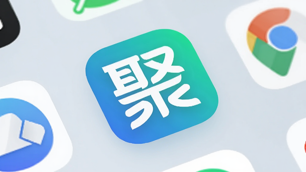 一款名为“聚”的安卓应用图标特写,图标采用圆角方形设计,主色调为蓝绿色渐变,中间有抽象的“聚”字变形图案。图标放置在手机桌面上,周围有其他常见应用图标作为衬托,光线明亮,风格简洁,画质干净。
