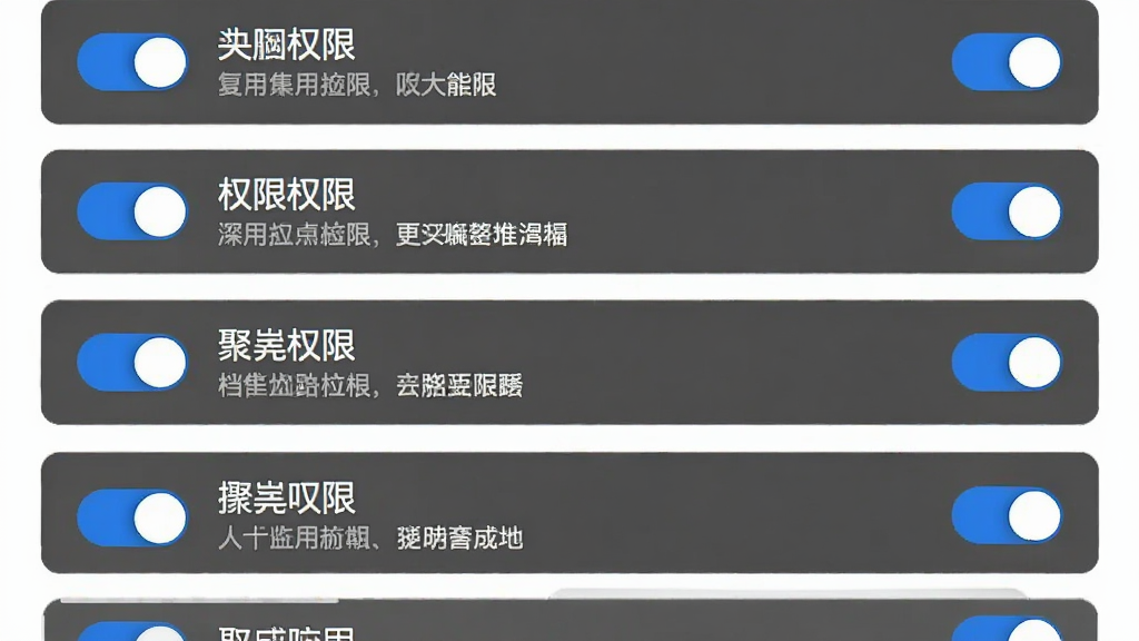 聚应用的权限管理界面截图,画面中列出若干权限选项,每个选项旁边有开关按钮和简短说明文字。界面背景为纯白色,文字为深灰色,开关按钮为蓝色,整体布局整齐,风格严谨,画质清晰。