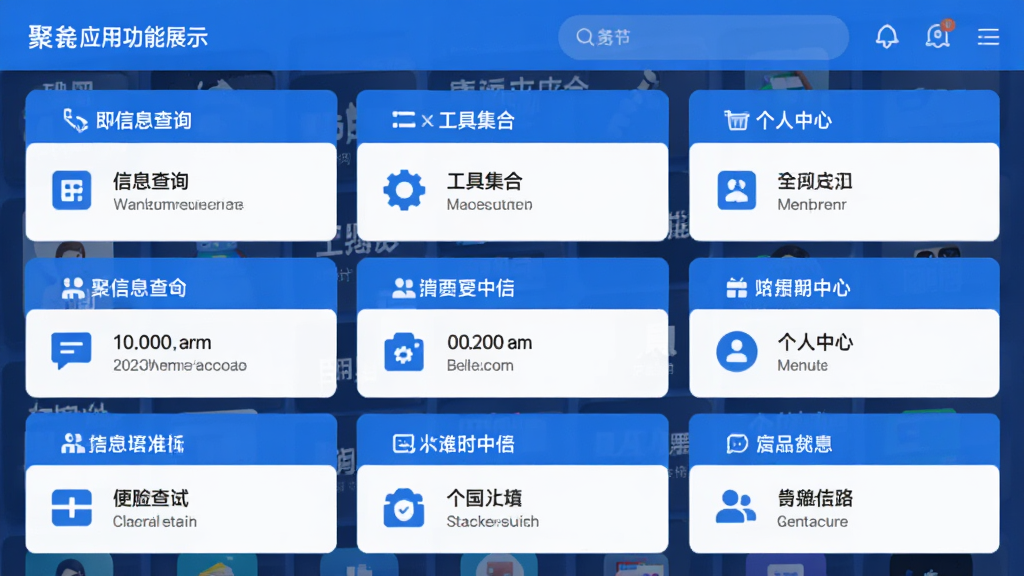 聚应用内部功能展示界面,画面中同时呈现多个功能卡片,包括信息查询、工具集合、个人中心等模块,卡片之间有清晰的分隔线,整体配色以蓝白为主,布局规整,文字清晰可读,风格偏向实用工具类应用。