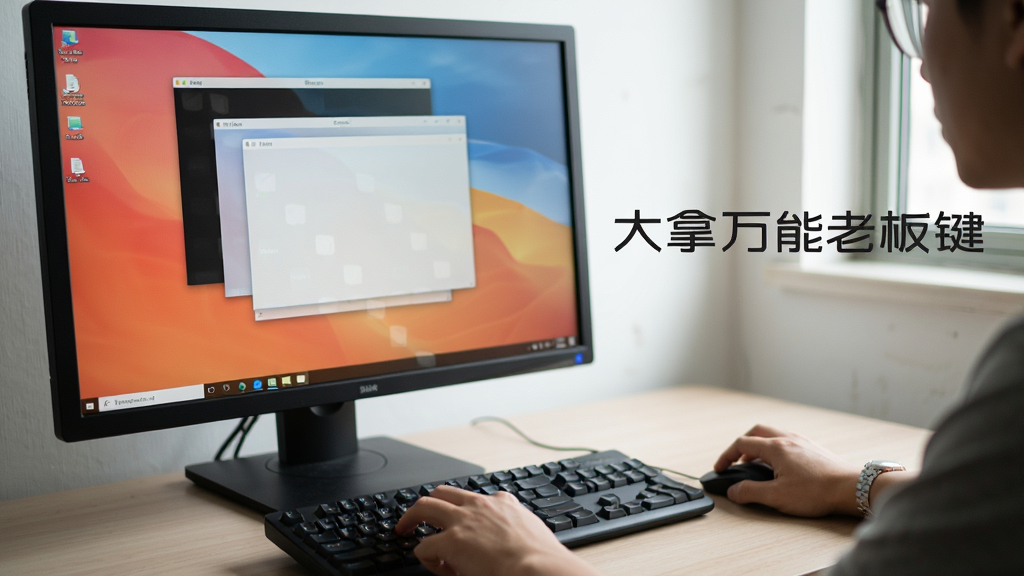一张电脑操作场景的写实图片,画面中一位用户坐在电脑前,手指按在键盘的Ctrl和Q键上,屏幕上多个窗口正在消失,桌面只剩壁纸,画面右侧有“大拿万能老板键”文字标注,整体光线自然,风格真实,画质清晰,干净无多余元素