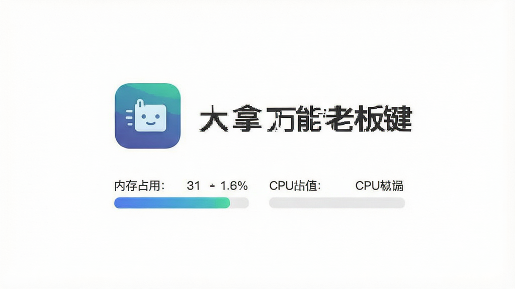 一张极简风格的图片,画面中央是一个小巧的软件图标,图标下方显示内存占用和CPU占用均为极低数值的进度条,背景为纯白色,图标旁边写有“大拿万能老板键”文字,整体排版简洁,风格清爽,画质高清,干净无多余元素
