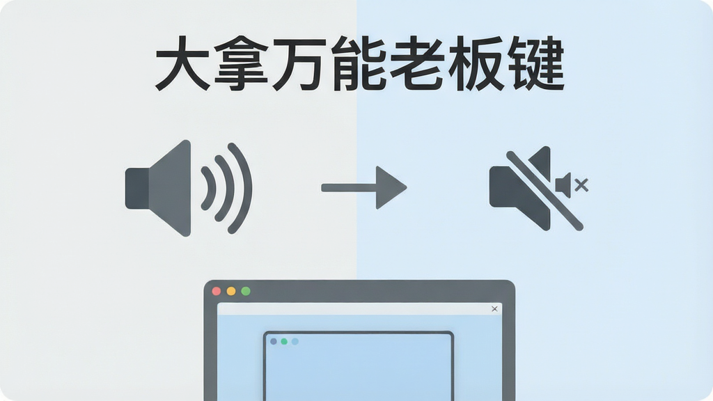 一张简约风格的示意图,画面左侧是一个扬声器图标带有声波,右侧是一个静音图标,中间有一个箭头表示切换,下方是一个电脑窗口正在隐藏和恢复的示意图,画面顶部写有“大拿万能老板键”名称,整体配色为浅灰和淡蓝,布局对称,画质清晰,干净无多余元素