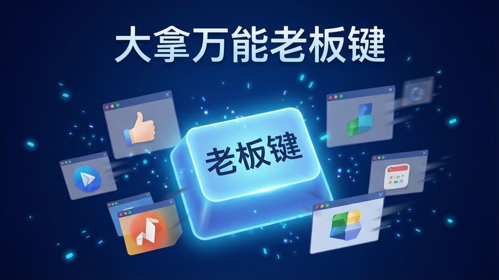 一张科技感十足的插画风格图片,画面主体是一个发光的键盘按键,按键上印有“老板键”三个字,按键周围环绕着多个软件窗口图标正在快速缩小消失,背景是深蓝色渐变,带有光效粒子,画面中央上方写有“大拿万能老板键”文字,排版居中,风格简洁现代,画质高清,干净无多余元素
