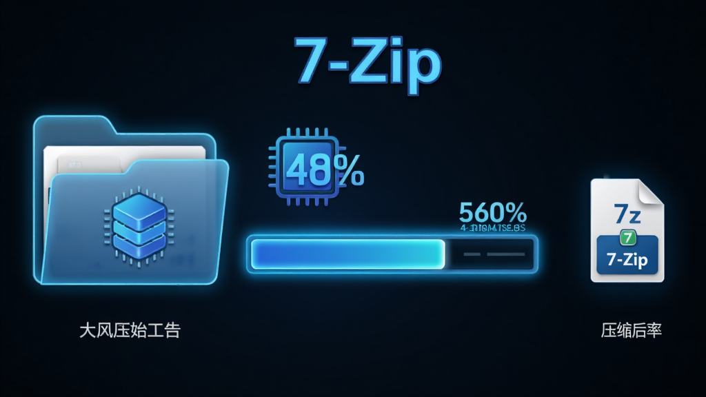 画面展示“7-Zip”软件正在进行高压缩比任务,主体为一个发光的压缩进度条与不断缩小的文件体积数字,布局采用左右对比形式,左侧为原始大文件夹,右侧为压缩后的7z小文件,风格为科技蓝光效果,细节包含CPU多核图标与压缩率百分比,画质清晰,干净,无多余元素