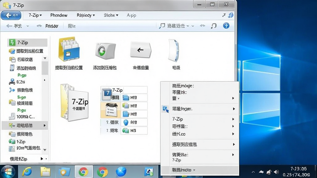 画面展示“7-Zip”软件在Windows电脑上的右键菜单操作场景,主体为资源管理器中的压缩包文件与展开的7-Zip右键选项,布局为桌面截图风格,细节包含“提取到当前位置”“添加到压缩包”等菜单项,风格为真实办公界面,画质清晰,干净,无多余元素