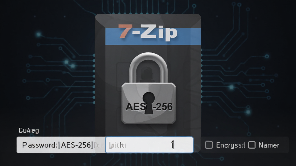 画面以“7-Zip”软件加密功能为主题,主体为一个带锁的压缩包图标,锁上显示AES-256字样,布局为居中特写,风格为深色安全科技风,细节包含密码输入框与加密文件名选项,画质清晰,干净,无多余元素