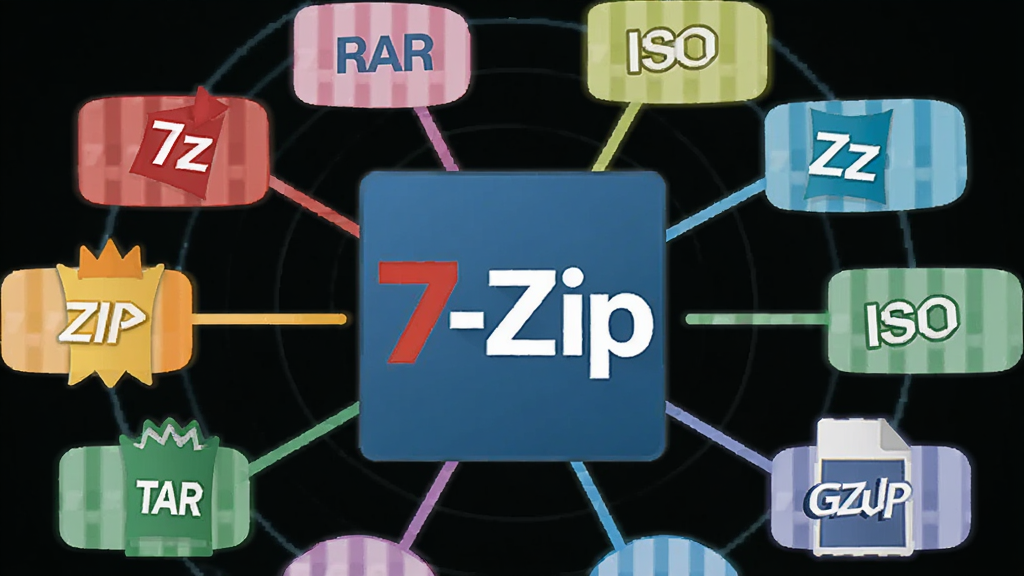 画面以“7-Zip”软件为核心,展示其支持多种压缩格式的能力,主体为软件图标与环绕四周的7z、ZIP、RAR、ISO、TAR、GZIP等格式标签,布局呈圆形放射状,风格为扁平化设计,细节包含每个格式的彩色小图标与连接线,画质高清,干净,无多余元素