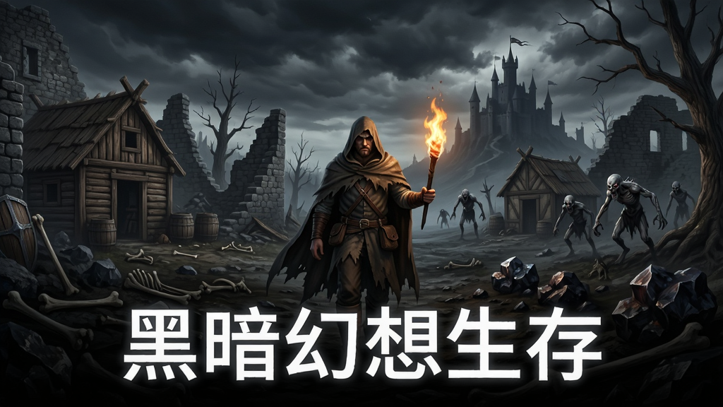 黑暗幻想生存游戏主界面全景,主体是一名身披破旧斗篷的流亡者在荒芜的中世纪废墟中手持火把前行,布局为中央人物特写加左右两侧分别展示建造中的木屋和远处游荡的亡灵怪物,排版采用游戏宣传海报风格,风格为暗黑幻想写实CG,细节包括破损的石墙、枯死的树木、地面上散落的骨头和铁矿石、天空中阴沉的乌云与远处城堡剪影,画质为4K高清,干净无多余元素,画面中下方用白色发光字体写着