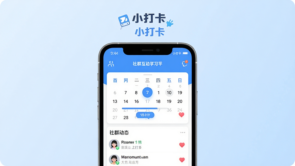 主体为一部智能手机屏幕,屏幕上显示小打卡-社群互动学习平台的打卡首页界面,包含日历打卡记录和社群动态列表;布局为手机居中展示,背景为浅蓝色渐变;排版采用上下结构,上方为软件名称“小打卡”文字标识,下方为手机界面展示;风格为现代扁平化UI设计风格,清新简洁;细节包括打卡按钮、进度条、用户头像、点赞图标等元素,色彩以蓝白为主;画质为高清1080P,画面干净,无多余元素