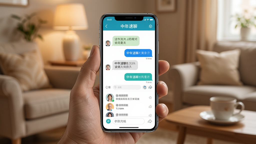 一张展示中年速聊APP核心界面的图片,画面中央是一部智能手机,手机屏幕上显示着中年速聊的主页界面,包含清晰的聊天气泡和用户头像列表。背景是温馨的家居环境,色调温暖柔和,采用写实风格,细节丰富,画质清晰,干净无多余元素