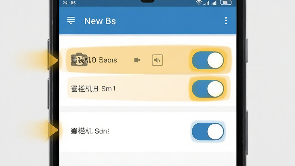 中年速聊安装权限设置示意图,画面展示一部安卓手机屏幕,屏幕上显示着应用权限管理界面,位置、相机、麦克风等权限开关被高亮标注,背景是简洁的浅灰色,风格扁平化,画质清晰,排版规整