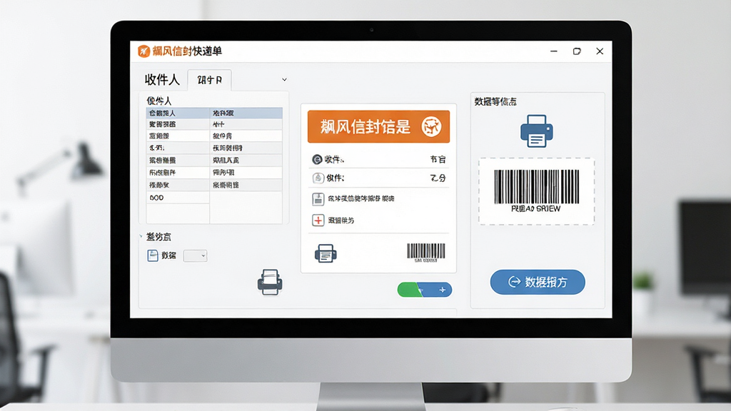 一张展示飚风信封快递单打印软件全貌的图片,主体为电脑屏幕上显示着快递单编辑界面,界面中包含收件人信息表格与条码预览,布局采用居中构图,排版清晰展示软件功能模块,风格为现代科技商务风,细节包含快递单模板、打印机图标与数据导入按钮,画质高清,画面干净,无多余元素