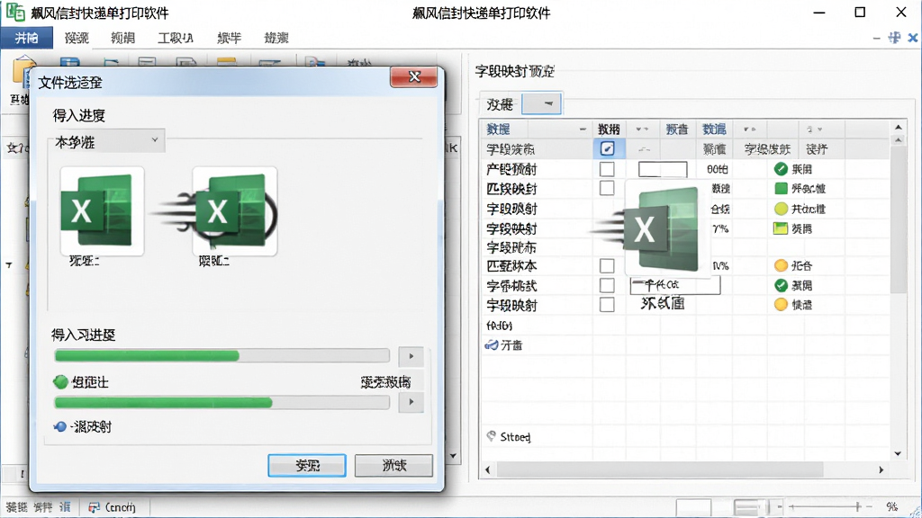 飚风信封快递单打印软件的数据导入界面,主体为文件选择对话框与数据预览表格,布局左右分栏,排版展示导入进度与字段映射关系,风格为办公软件写实风,细节包含Excel图标、进度条与匹配状态标识,画质高清,画面干净,无多余元素