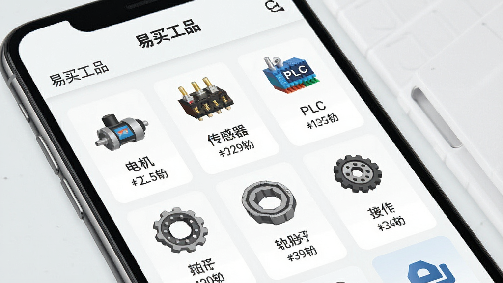 一张展示“易买工品”软件内商品分类页面的图片,画面中手机屏幕显示多个工业品分类图标,包括电机、传感器、PLC、轴承等,每个分类下方有商品数量标注,背景为浅灰色,风格简洁商务,细节清晰,画质干净,无多余元素