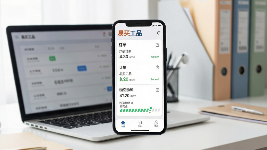 一张展示“易买工品”订单跟踪界面的图片,手机屏幕显示订单列表和物流进度条,背景为办公室桌面,有笔记本电脑和文件夹,风格现代简约,色彩柔和,画质清晰,干净无多余元素