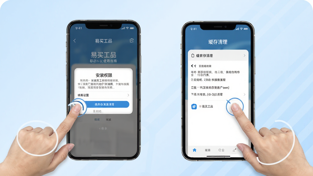 一张展示“易买工品”移动端使用指南的图片,画面中手机屏幕显示安装权限设置和缓存清理界面,旁边有手指点击操作示意,背景为浅蓝色渐变,风格清新简洁,画质清晰,无多余元素
