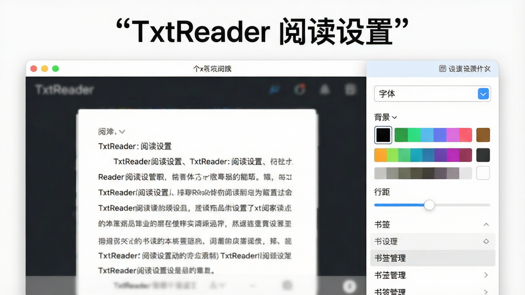 一张展示TxtReader个性化设置面板的界面图,主体为软件窗口右侧弹出的设置侧边栏,布局采用左右分栏排版,左侧是阅读主界面,右侧是设置选项列表,风格为清爽扁平化设计,细节包括字体选择下拉框、背景色块调色板、行距滑块、书签管理列表,画质为高清,画面干净整洁,界面顶部带有引号标注的文字“TxtReader 阅读设置”。