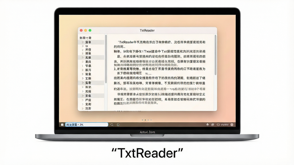 一张展示TxtReader软件界面的全景图,主体是一台打开的笔记本电脑,屏幕中央显示着TxtReader阅读器窗口,窗口内是整齐的中文小说文本,左侧有章节目录,右侧有滚动条,布局采用居中对称排版,风格为现代简约科技风,细节包括柔和护眼背景色、清晰的字体渲染、底部状态栏显示阅读进度,画质为高清2K,画面干净无多余元素,屏幕下方带有引号标注的文字“TxtReader”。