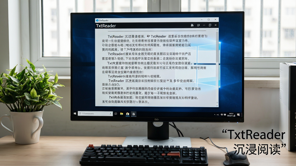 一张展示TxtReader在Windows电脑上阅读小说的实拍风格图,主体为显示器屏幕显示着TxtReader窗口,窗口内是中文网络小说章节内容,布局采用全屏阅读模式,风格为真实办公桌面场景,细节包括键盘鼠标、桌面绿植、屏幕底部任务栏,画质为高清摄影级,画面干净自然,屏幕右下角带有引号标注的文字“TxtReader 沉浸阅读”。
