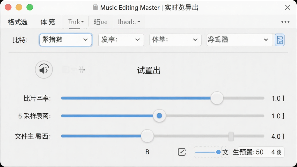 Music Editing Master 实时预览与导出设置界面,主体为软件导出参数设置窗口,布局上方为格式选择,下方为比特率与采样率滑块,排版紧凑,风格为清爽浅色办公软件风格,细节包括试听按钮、进度条、文件大小预估,画质高清,画面干净,无多余元素