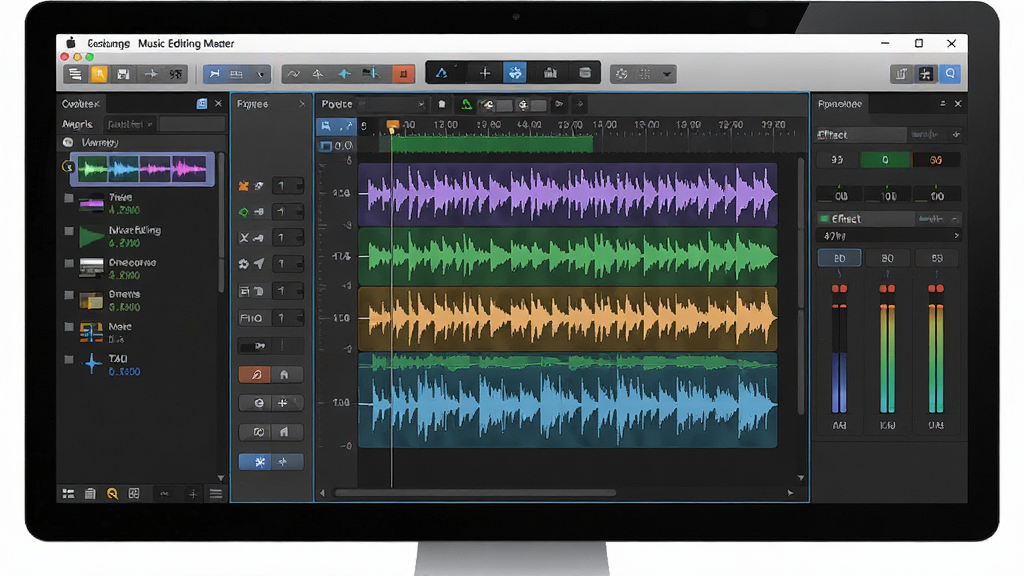 Music Editing Master 软件界面全景展示,主体为电脑屏幕上的音频编辑软件主界面,布局包含顶部菜单栏、左侧素材库、中央波形编辑区和右侧效果面板,排版整齐清晰,风格为现代科技感UI设计,细节包括彩色音频波形、时间轴刻度、功能按钮图标,画质高清,画面干净,无多余元素