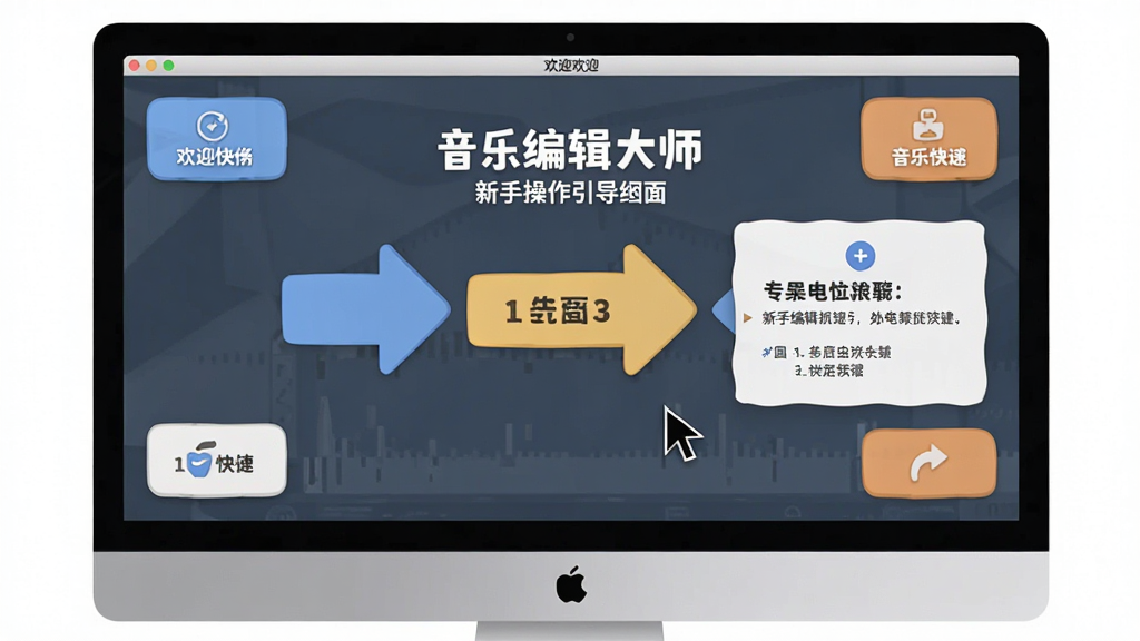 Music Editing Master 新手操作引导界面,主体为电脑屏幕上的软件欢迎页与操作提示浮层,布局中央为功能引导箭头,四周为快捷按钮,排版清晰,风格为友好扁平化设计,细节包括中文提示文字、鼠标指针、步骤编号,画质高清,画面干净,无多余元素