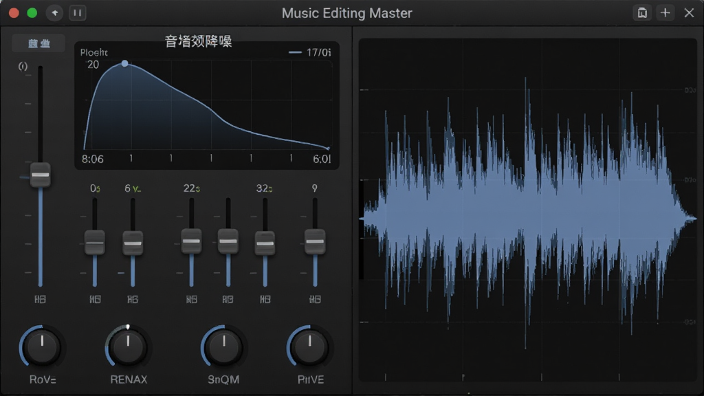 Music Editing Master 音频降噪与音效处理界面,主体为软件效果调节面板,布局左侧为参数滑块,右侧为波形预览,排版对称,风格为深色专业音频工作站风格,细节包括降噪曲线、均衡器频段、混响旋钮,画质高清,画面干净,无多余元素