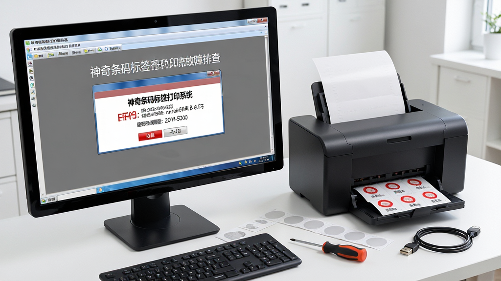 神奇条码标签打印系统故障排查示意图,主体为电脑屏幕上显示软件报错提示框,旁边放着打印机和散落的标签纸,布局上采用对角线构图,风格为写实办公场景,细节包括屏幕上可见“神奇条码标签打印系统”字样和错误代码,桌面上有螺丝刀和USB连接线,画质高清,干净整洁,无多余元素