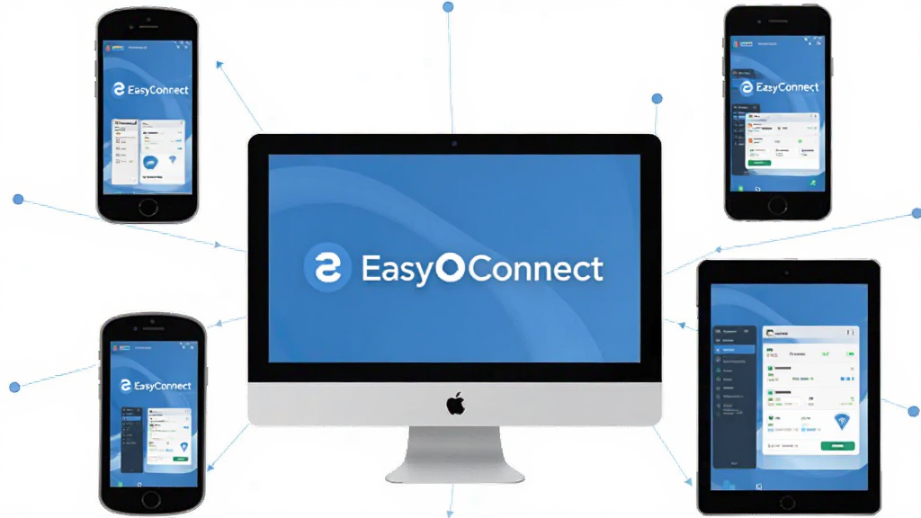 一张展示EasyConnect多平台覆盖的图片,主体是电脑、手机、平板围绕EasyConnect标志,布局为环形排列,排版整齐,风格为扁平化科技风,细节包括各设备屏幕显示EasyConnect界面,画质高清,干净,无多余元素