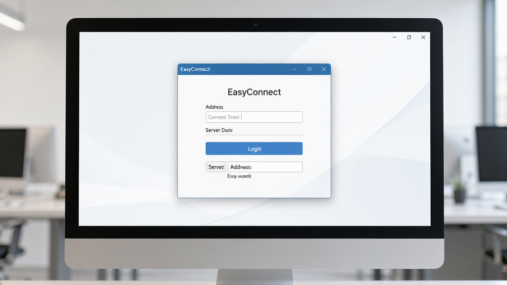 一张展示EasyConnect软件界面的图片,主体是电脑屏幕上显示EasyConnect登录窗口,布局为居中展示登录框,排版简洁清晰,风格为现代商务科技风,细节包括输入框、登录按钮、服务器地址栏,画质高清,干净,无多余元素