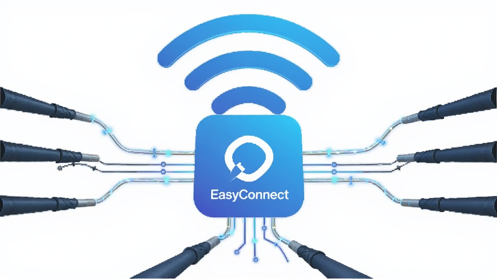 一张展示EasyConnect智能网络适配的图片,主体是网络信号与EasyConnect图标结合,布局为居中展示,排版简洁,风格为科技感,细节包括多条网络线路汇聚到EasyConnect,画质高清,干净,无多余元素