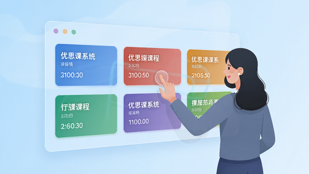 优思授课系统课程管理功能界面,画面展示一块悬浮在空中的半透明课表面板,面板上排列着不同颜色的课程卡片,每张卡片标注课程名称与时间段,一名教师形象的人物站在面板前用手指点击调整课程,背景为浅蓝色渐变,风格为扁平化插画风,细节清晰,画质高清,干净,无多余元素