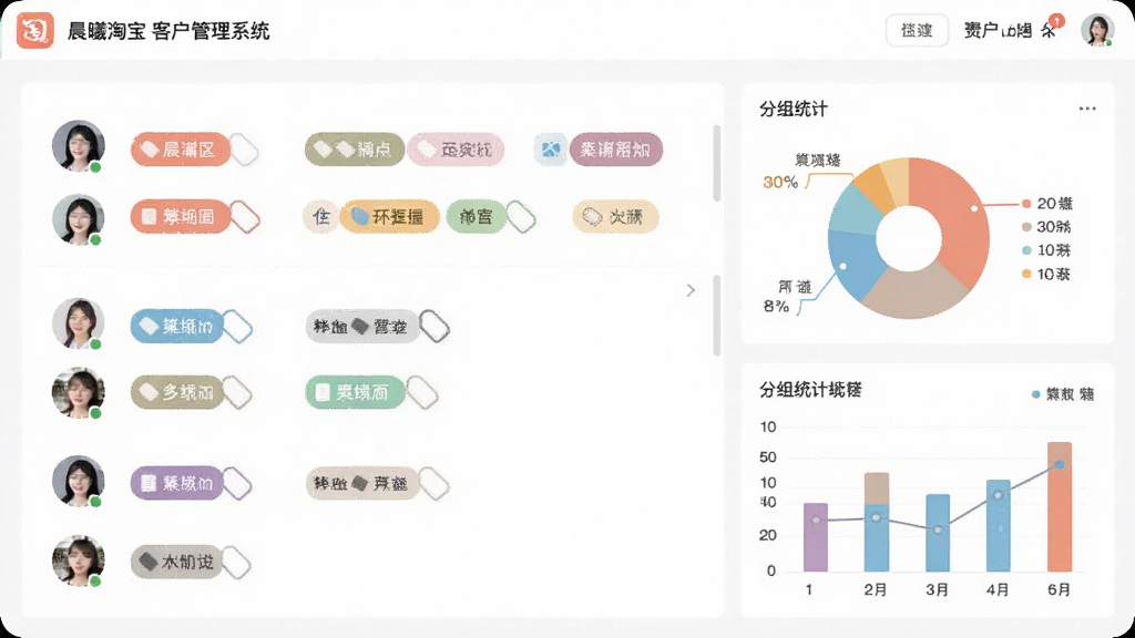 标签分组功能界面展示,画面中晨曦淘宝客户管理系统的标签管理面板清晰可见,不同颜色的标签整齐排列在客户头像旁,右侧显示分组统计饼图与柱状图,界面风格清爽,配色柔和,细节包含标签图标与数据可视化元素,画质干净无杂乱,适合功能介绍配图