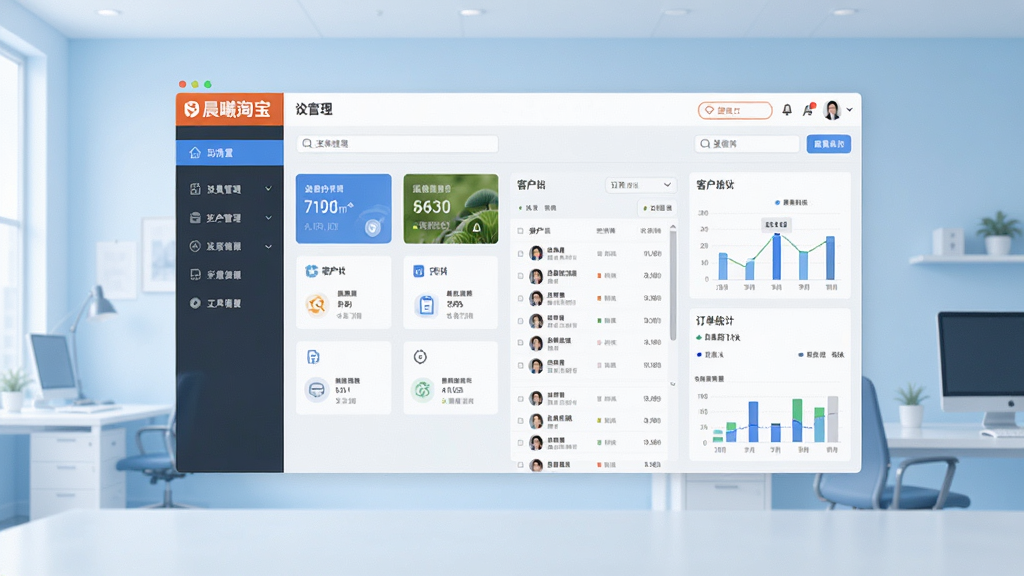 软件主界面全景展示,画面中央是晨曦淘宝客户管理系统的主控制面板,左侧为功能导航栏,右侧显示客户列表与订单统计图表,背景为简洁的浅蓝色办公场景,整体布局清晰有序,风格现代商务,细节包含图标、数据卡片、搜索框等元素,画质干净清晰,无多余装饰,适合软件下载站展示使用