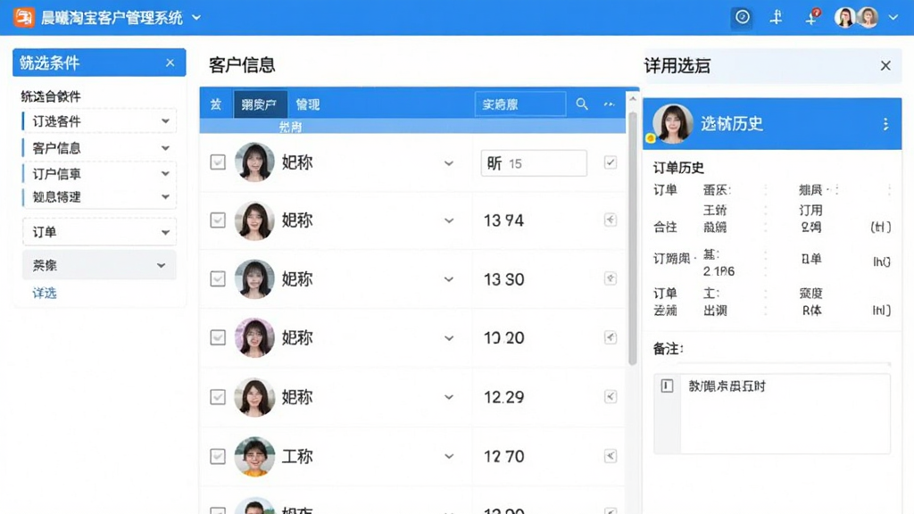 软件客户管理模块界面截图,画面展示晨曦淘宝客户管理系统的客户信息列表,左侧为筛选条件区域,中间为买家头像与昵称列表,右侧为选中客户的详细资料面板,包含订单历史与备注信息,界面风格简洁专业,配色以蓝白为主,布局清晰,画质干净,适合产品功能展示