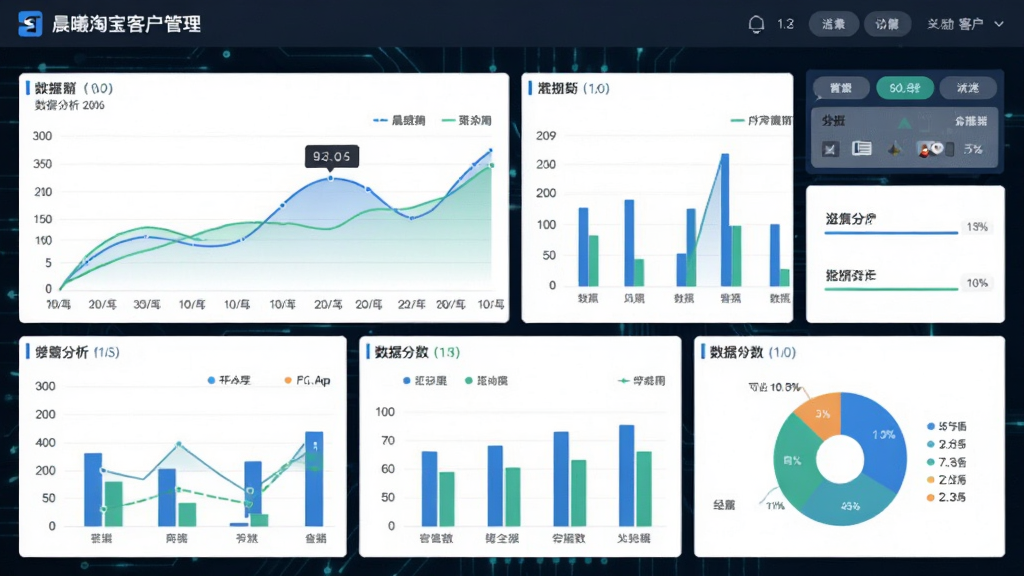 数据报表分析界面,画面展示晨曦淘宝客户管理系统的经营分析仪表盘,包含折线图、柱状图、饼图等多种图表,数据标签清晰可见,背景为深色科技风格,配色以蓝绿为主,布局紧凑有序,细节包含数据卡片与筛选按钮,画质干净清晰,适合数据分析功能展示