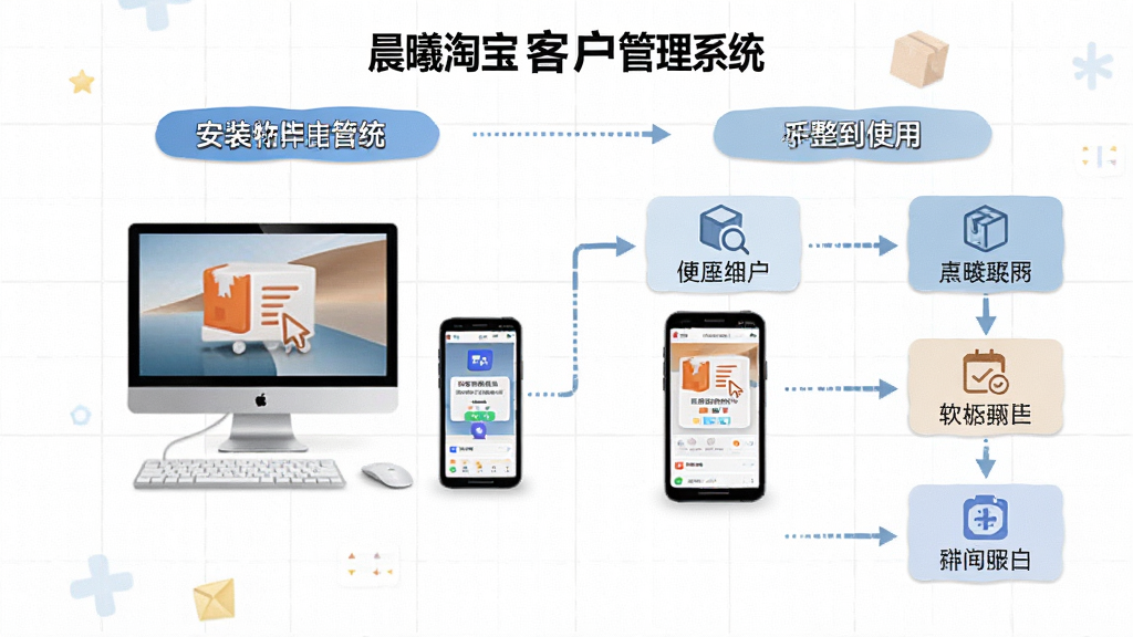 软件操作流程图,画面展示晨曦淘宝客户管理系统从安装到使用的完整步骤,包含电脑端与手机端两个分支,用箭头连接各操作节点,背景为浅色网格,风格简洁明了,细节包含图标与文字说明框,画质干净清晰,适合教程配图