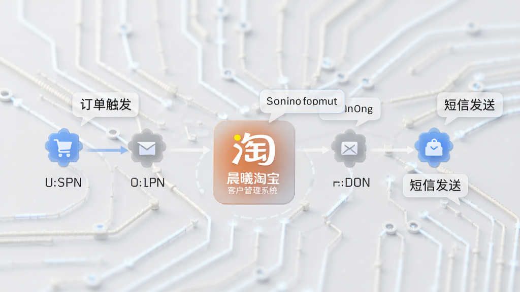 自动化营销流程示意图,画面以晨曦淘宝客户管理系统为核心,展示从订单触发到短信发送的完整流程,包含时间轴、节点图标与消息气泡,背景为淡灰色科技感线条,风格简洁现代,布局从左到右依次展开,细节清晰,画质干净,适合营销功能展示