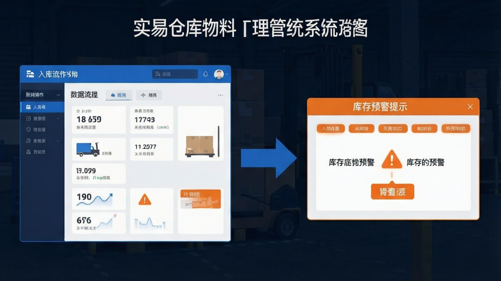 一张实易仓库物料管理系统的功能示意图,画面左侧展示入库操作界面,右侧展示库存预警提示窗口,中间用箭头连接表示数据流转。布局采用左右分栏排版,风格为扁平化科技感,细节上突出蓝色与橙色预警标识,画质清晰,干净,无多余元素。