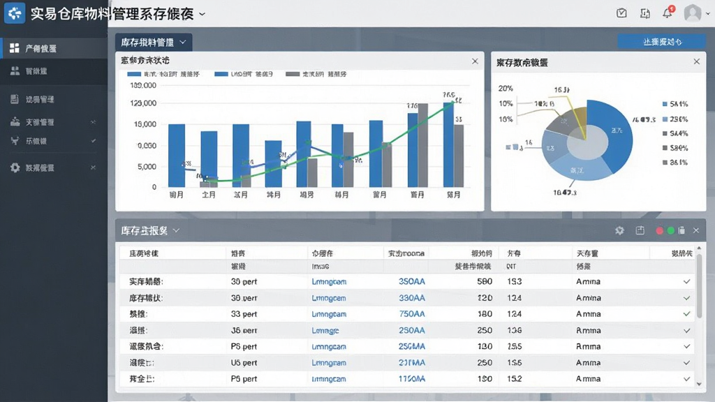 一张实易仓库物料管理系统的库存报表界面截图,画面展示多种统计图表,包括柱状图与数据列表,布局采用上下结构,上部为图表下部为明细表,风格为现代数据仪表盘,细节上配色以蓝色和灰色为主,画质清晰,干净,无多余元素。