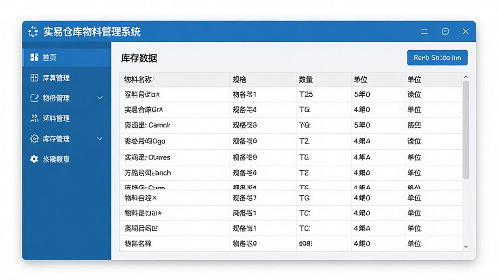 一张实易仓库物料管理系统的软件界面截图,画面中央为主操作窗口,左侧为功能导航栏,右侧为库存数据表格,表格中包含物料名称、规格、数量、单位等列。整体布局清晰,排版整齐,风格为现代商务简约风,细节上体现蓝色主色调与白色背景搭配,画质清晰,干净,无多余元素。