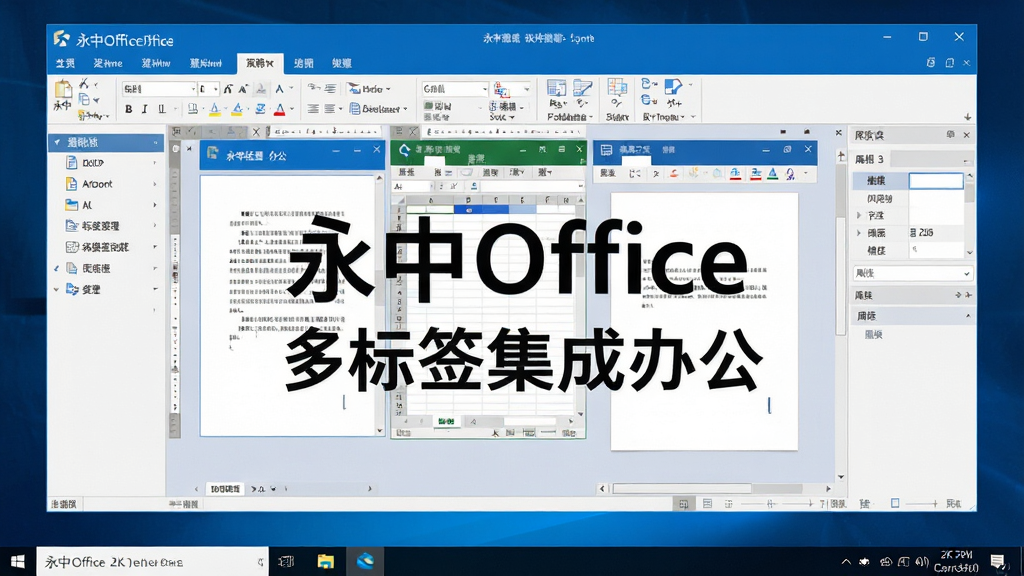 永中Office软件启动界面全貌展示,画面主体为Windows电脑屏幕中央的软件主窗口,采用多标签页布局设计,窗口内同时展示文字处理、电子表格和演示文稿三个标签页的缩略预览,界面风格简洁清爽,主色调为蓝色与白色搭配,窗口左侧有功能导航栏,右侧有属性面板,屏幕下方任务栏清晰可见,整体布局对称工整,风格为现代扁平化UI设计,细节包括菜单栏、工具栏图标、文档编辑区域光标闪烁,画质为2K高清,画面干净整洁,无多余元素,屏幕中文字标注“永中Office”和“多标签集成办公”字样。