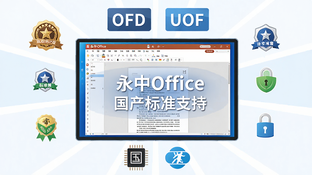 永中Office支持国产标准功能展示,画面主体为一块大屏幕,屏幕中显示永中Office软件打开OFD格式文件的界面,屏幕上方有“OFD”“UOF”标准标识,屏幕下方有国产芯片和操作系统图标,布局为居中放射状构图,风格为科技感扁平设计,细节包括标准认证徽章、安全锁图标、文档页面,画质为高清,画面干净无多余元素,屏幕中文字标注“永中Office”“国产标准支持”字样。
