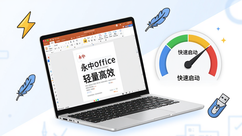 永中Office轻量高效运行展示,画面主体为一台轻薄笔记本电脑,屏幕中显示永中Office软件界面正在快速打开文档,屏幕旁边有速度仪表盘显示“快速启动”指针指向高速区域,布局为对角线构图,风格为清新简约插画,细节包括闪电图标、羽毛图标、U盘图标,画质为高清,画面干净无多余元素,屏幕中文字标注“永中Office”“轻量高效”字样。