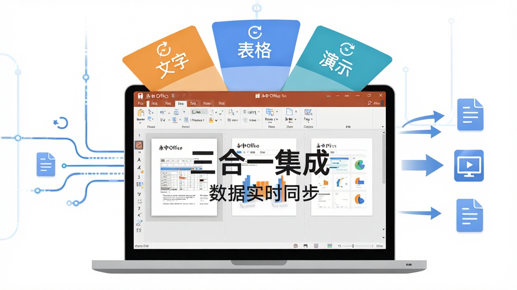 永中Office三合一集成办公功能展示,画面主体为一台笔记本电脑屏幕,屏幕中显示永中Office软件界面,顶部有三个标签页分别标注“文字”“表格”“演示”,三个标签页以扇形展开的方式呈现,每个标签页下方展示对应的文档预览缩略图,屏幕右侧有数据同步箭头连接三个模块,布局采用居中对称构图,风格为科技感扁平插画,细节包括数据流动线条、同步图标、文档图标,画质为高清,画面干净无多余元素,屏幕中文字标注“三合一集成”“数据实时同步”字样。