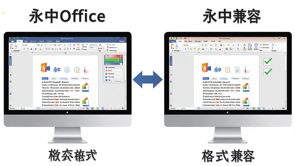 永中Office兼容微软格式功能展示,画面主体为两台电脑显示器并排摆放,左侧显示器打开微软Office文档,右侧显示器打开永中Office软件展示同一文档,两台显示器之间用双向箭头连接,文档内容完全一致,布局为左右对比构图,风格为简洁商务插画,细节包括文档图标、格式标签、兼容性勾选标记,画质为高清,画面干净无多余元素,屏幕中文字标注“永中Office”“格式兼容”字样。